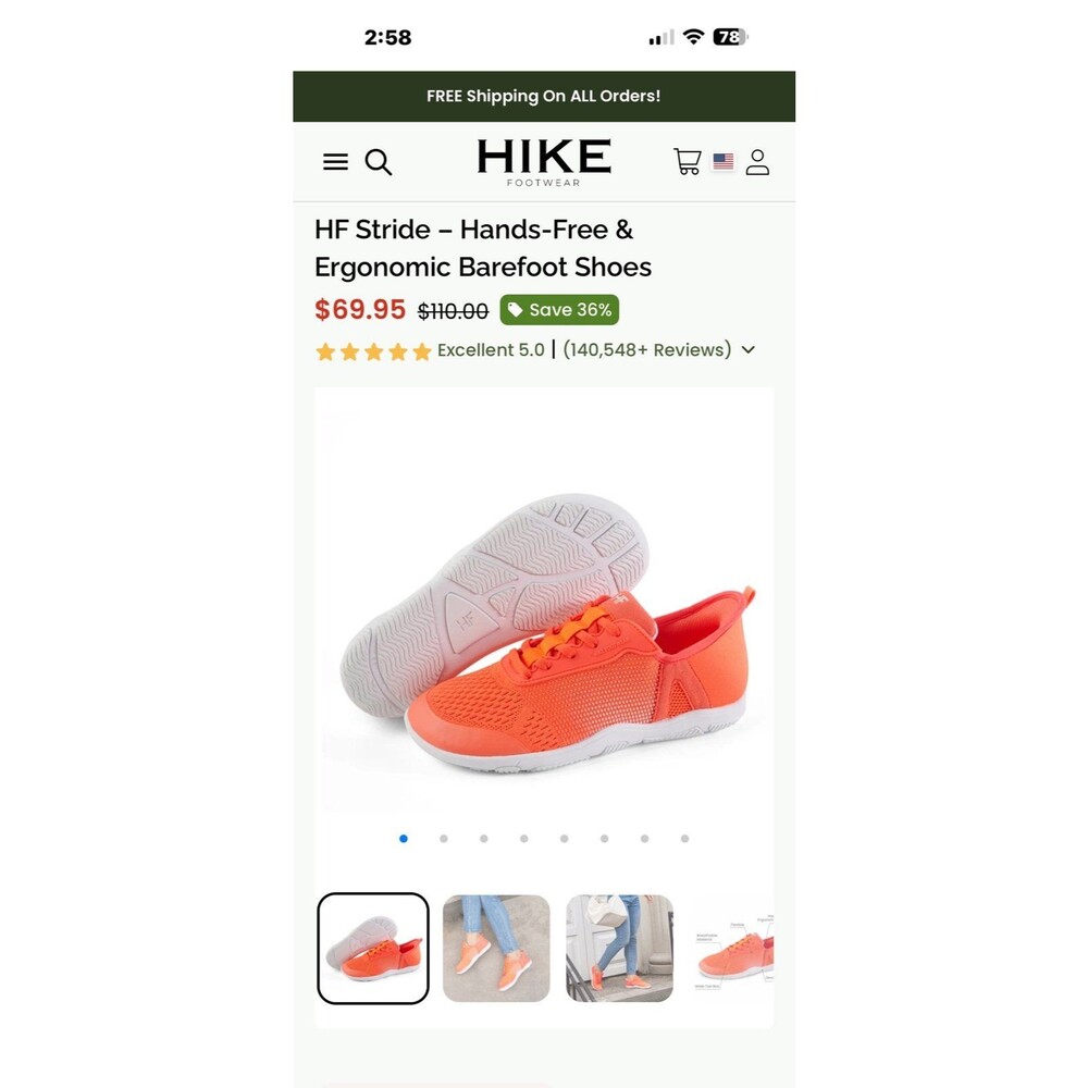 Women’s HF Hike Footwear Stride Ergonomic Barefoot Shoes Sz. 7.5 NWT Orange